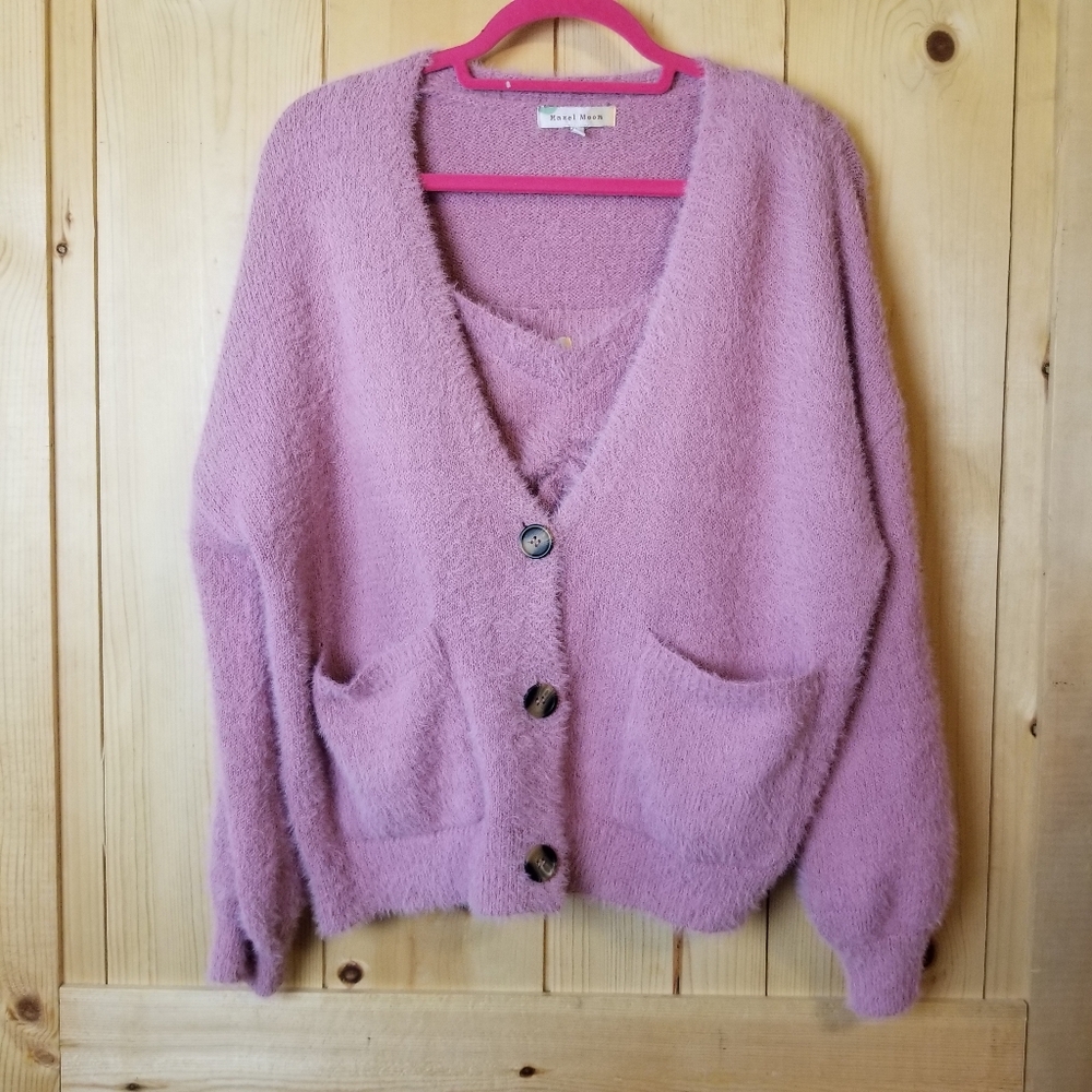 Hazel Moon Lavender Knit Cardigan Camisole Twin Sweater Set NWOT